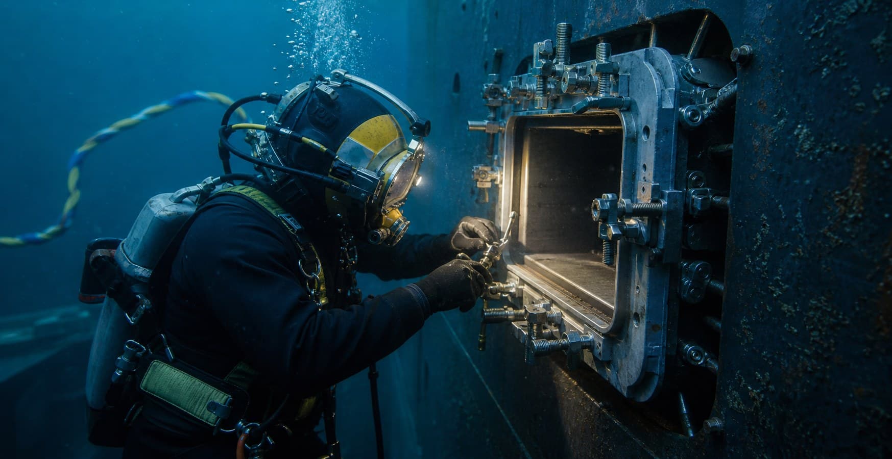Commercial diver installing a cofferdam assembly on a vessel hull