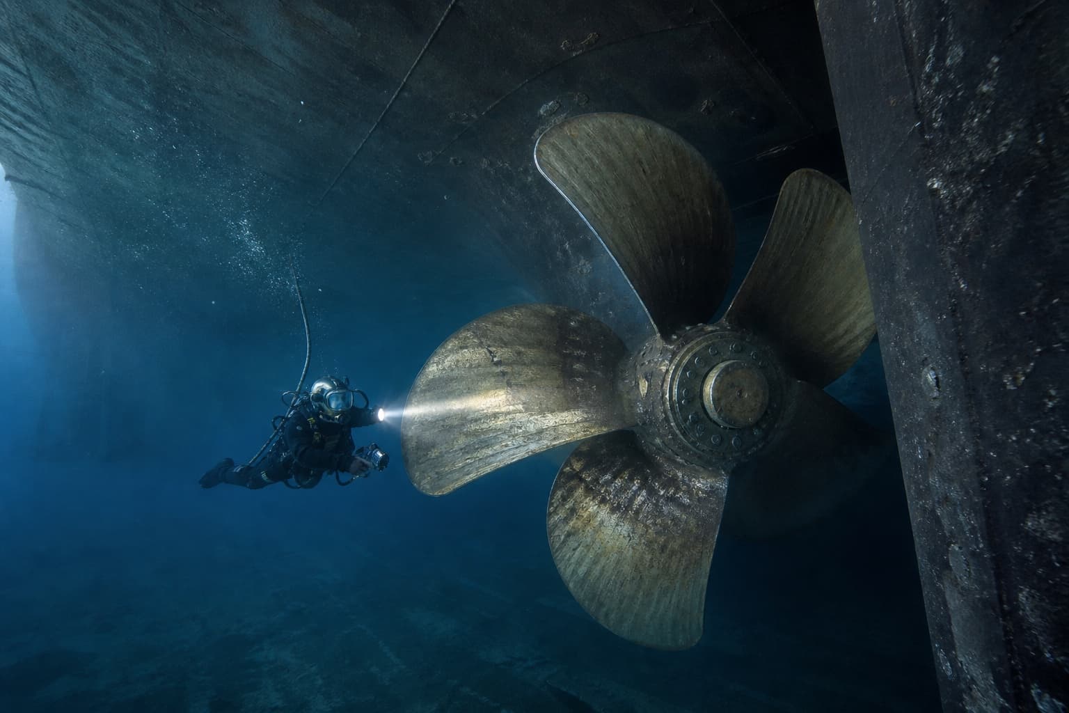 Commercial diver inspecting a large ship propeller underwater