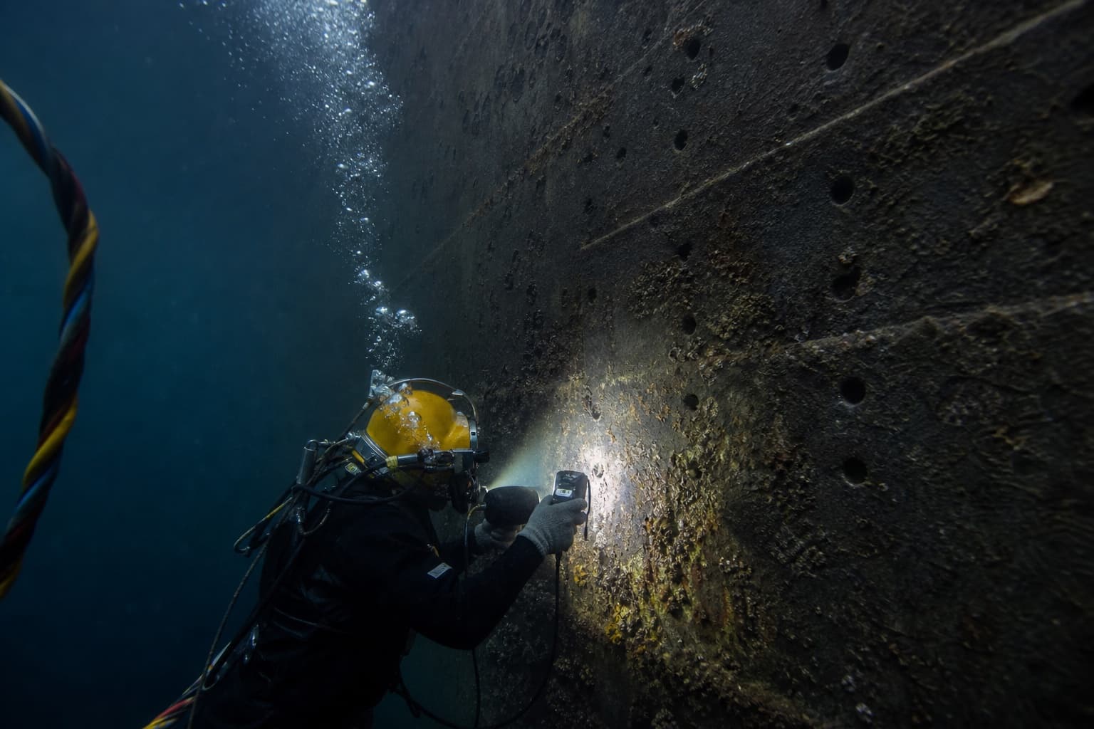 Commercial diver documenting the condition of a ship hull