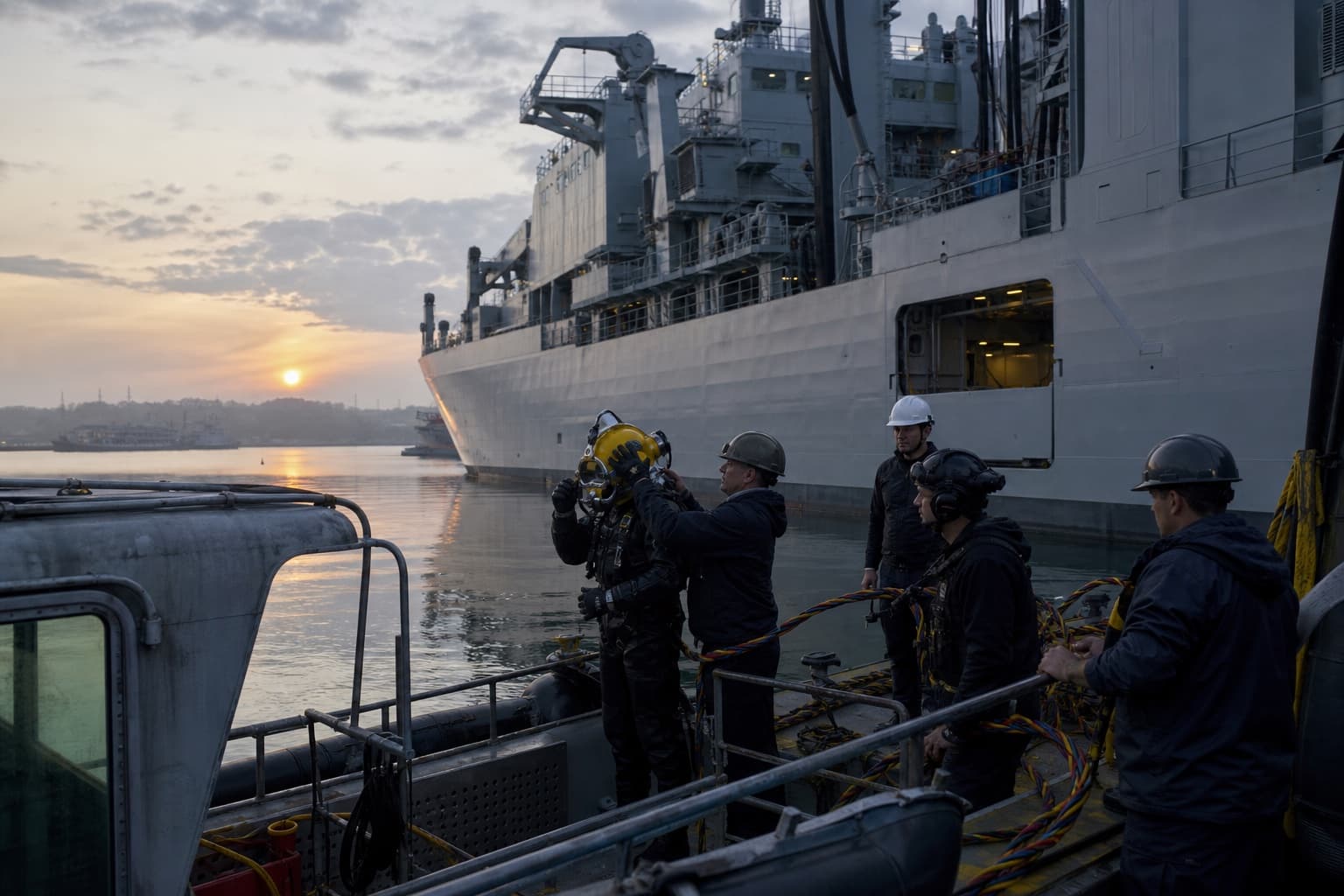 Commercial dive team preparing beside a large gray maritime support vessel