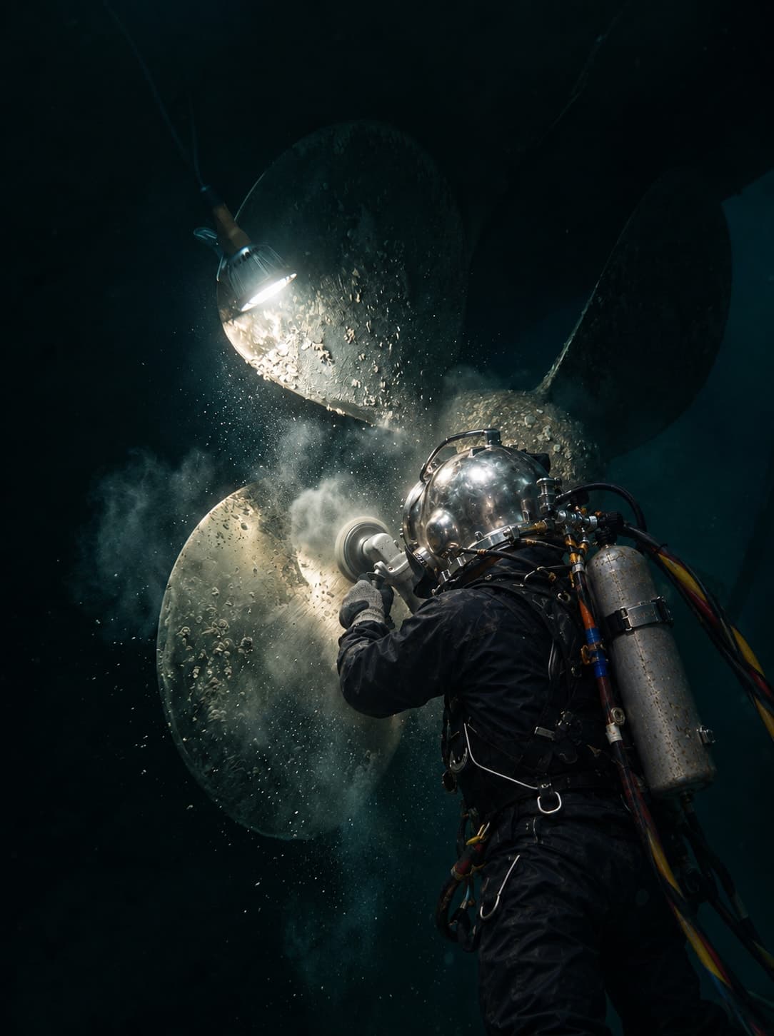 Commercial diver in a stainless diving helmet and bailout cylinder polishing a vessel propeller blade underwater at night