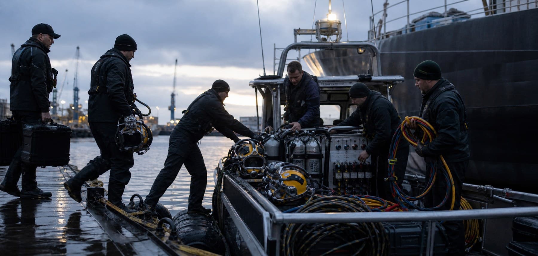 Commercial diving crew mobilizing equipment aboard a workboat