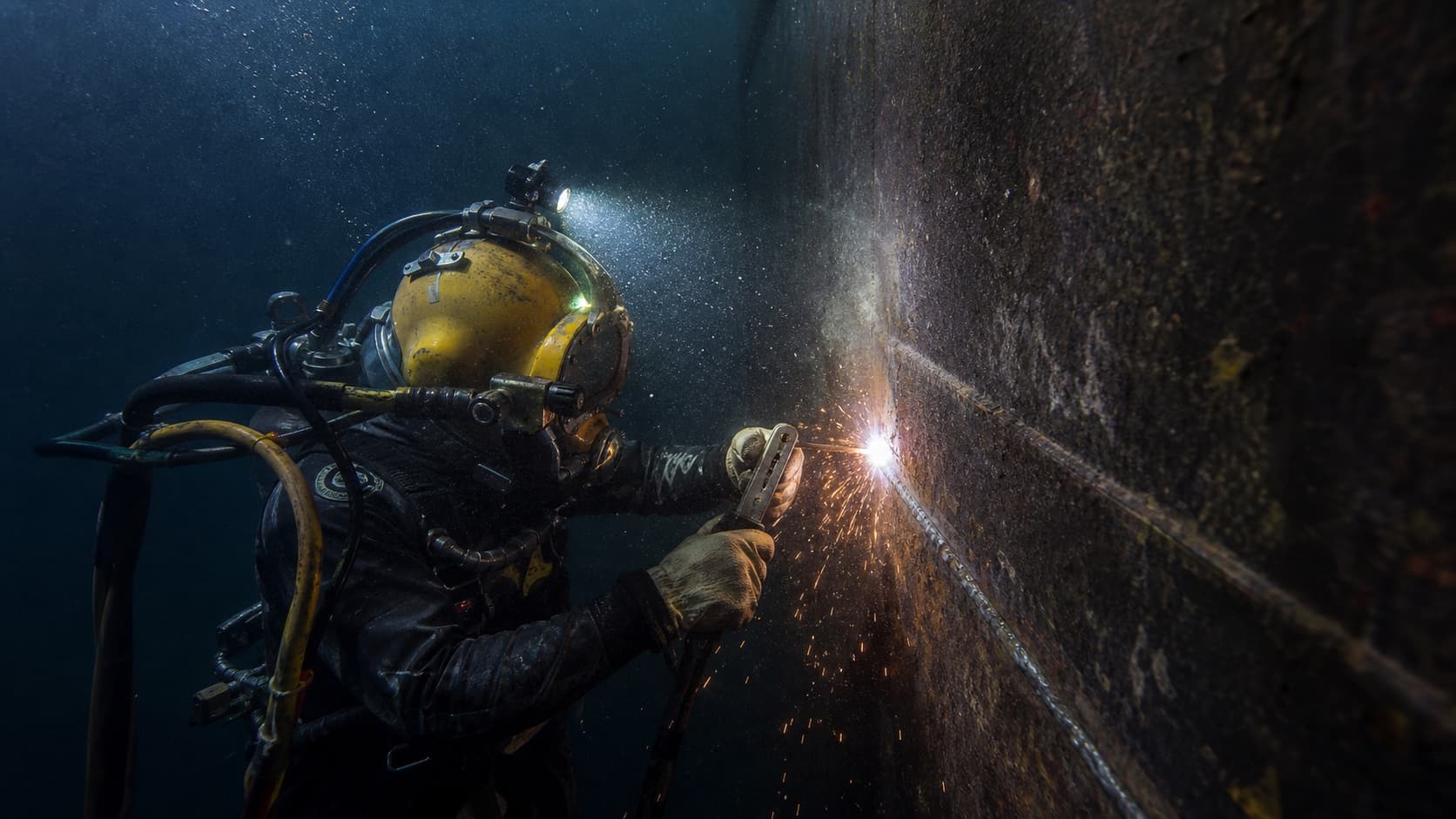 Commercial diver performing technical work on a vessel hull underwater